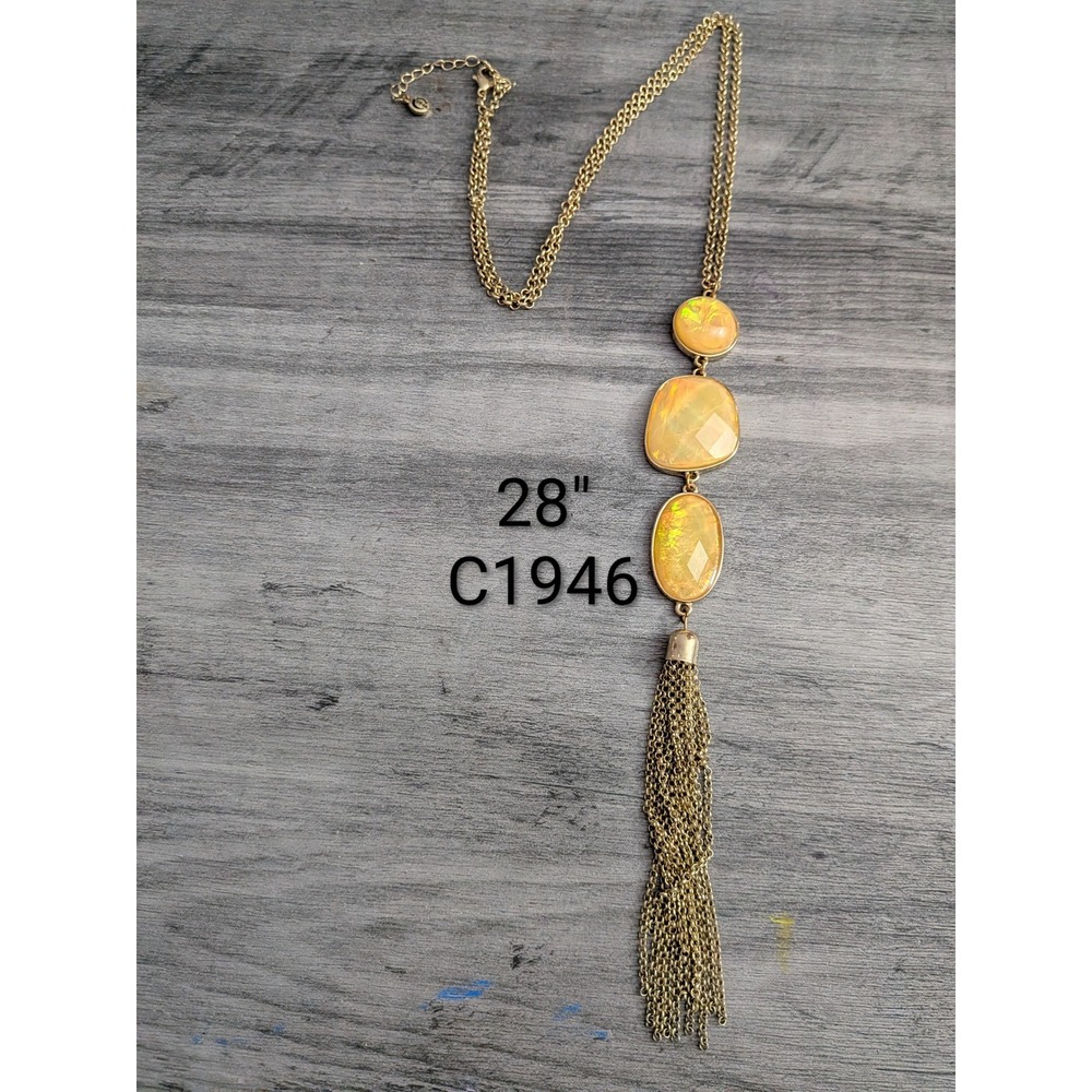 1928 Jewelry Gold Tone Faux Opal Tassel Long Pendant Necklace 28 Inch Boho